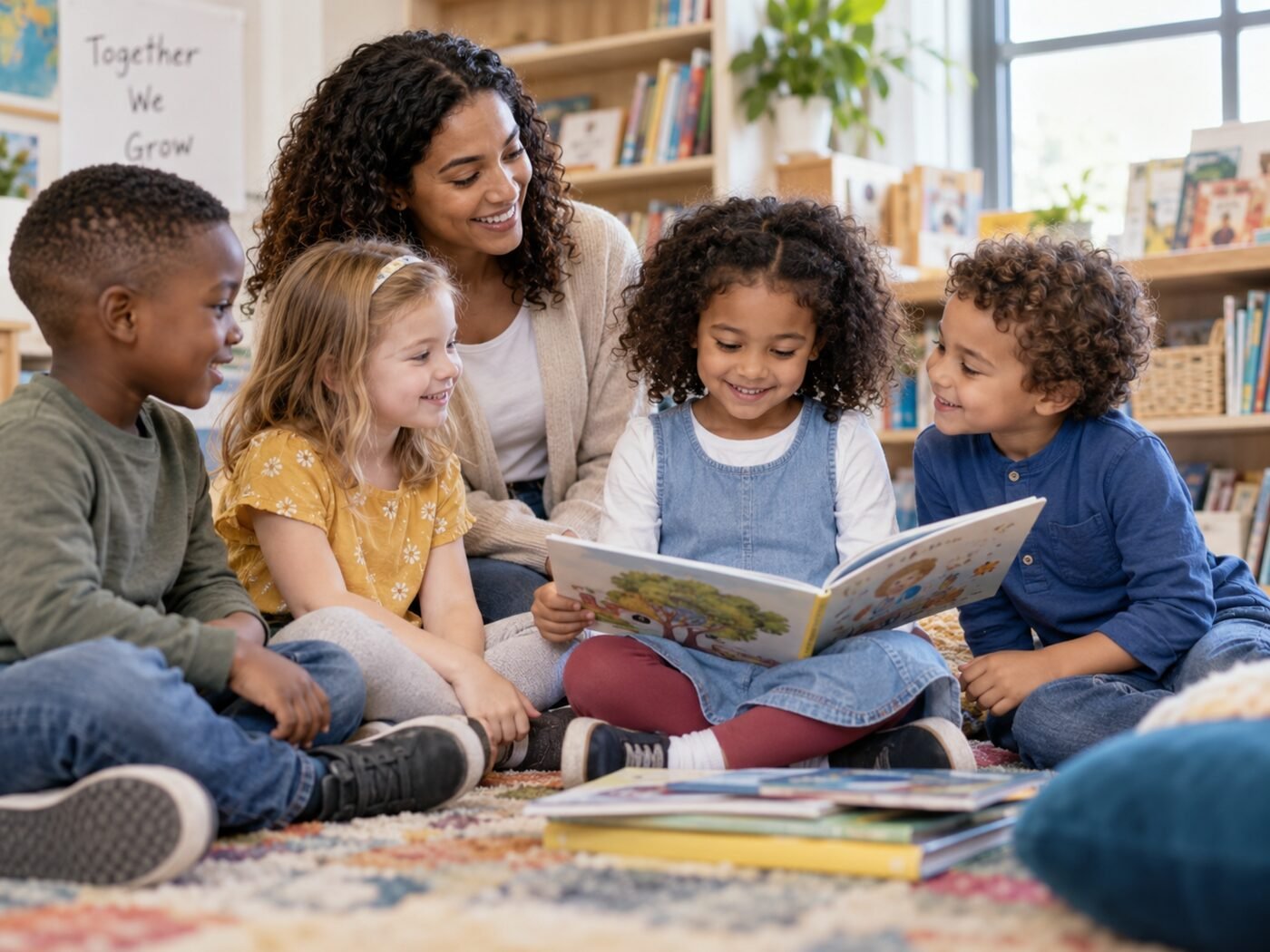 Children reading together with a supportive adult