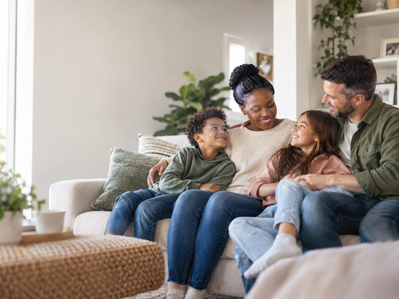 Diverse foster family sitting together in a warm home setting